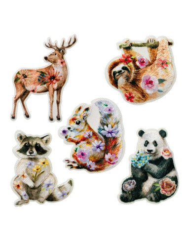 Appliques, Patch, Écusson thermocollant : Assortiment 5 pcs. Animaux avec des fleurs