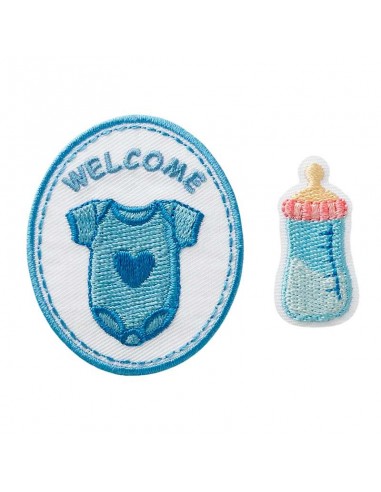 Applicatie, Patch, Strijkapplicatie: Welcome Baby  blauw, 2 stuks.